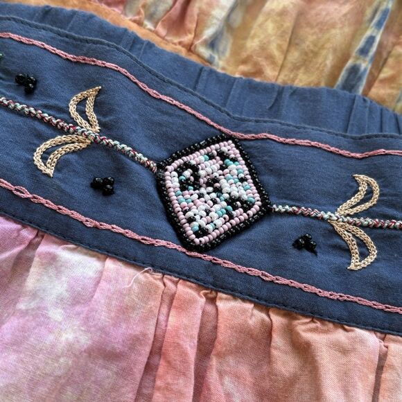 Double D Ranch Boho Maxi Skirt Peasant Tie Dye Patchwork Beaded Waist - Picture 7 of 11